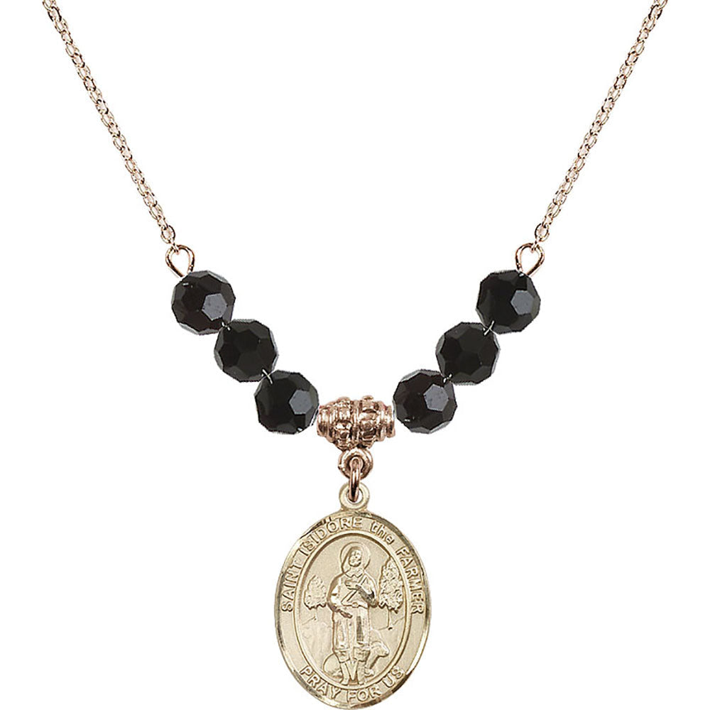 14kt Gold Filled Saint Isidore the Farmer Birthstone Necklace with Jet Beads - 8276