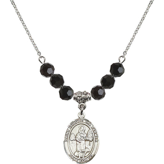 Sterling Silver Saint Isidore the Farmer Birthstone Necklace with Jet Beads - 8276