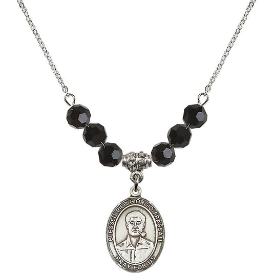 Sterling Silver Blessed Pier Giorgio Frassati Birthstone Necklace with Jet Beads - 8278