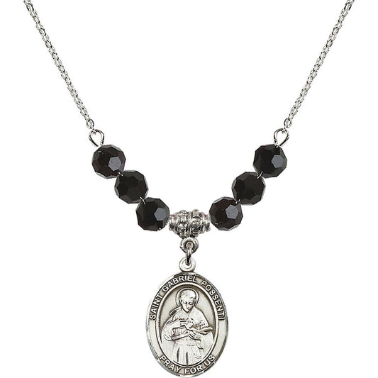 Sterling Silver Saint Gabriel Possenti Birthstone Necklace with Jet Beads - 8279