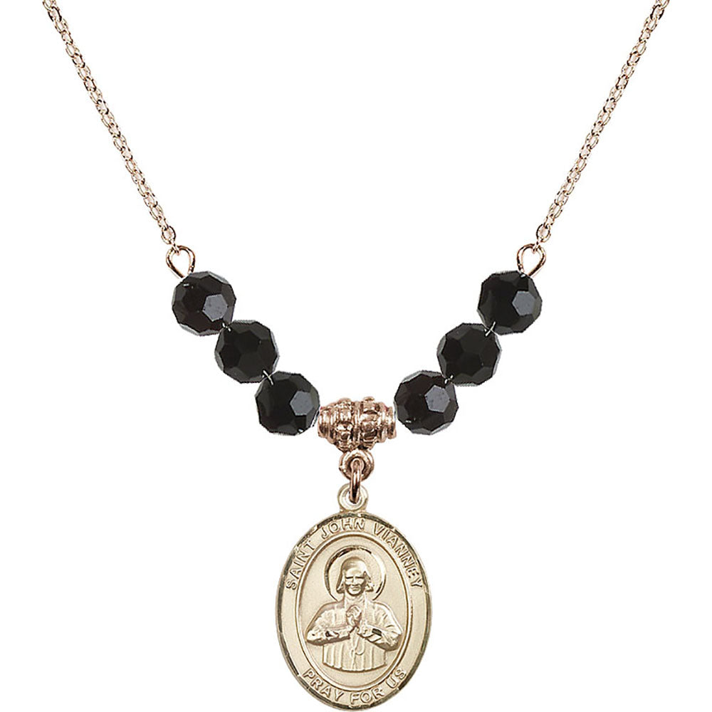 14kt Gold Filled Saint John Vianney Birthstone Necklace with Jet Beads - 8282
