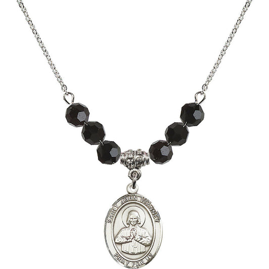 Sterling Silver Saint John Vianney Birthstone Necklace with Jet Beads - 8282