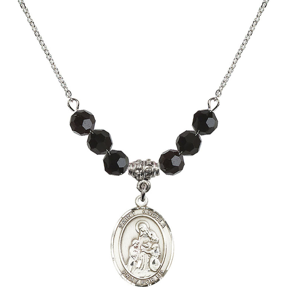 Sterling Silver Saint Angela Merici Birthstone Necklace with Jet Beads - 8284