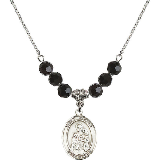 Sterling Silver Saint Angela Merici Birthstone Necklace with Jet Beads - 8284