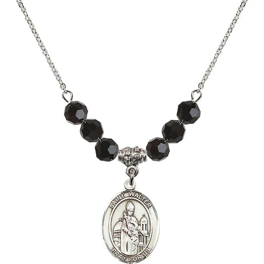 Sterling Silver Saint Walter of Pontoise Birthstone Necklace with Jet Beads - 8285