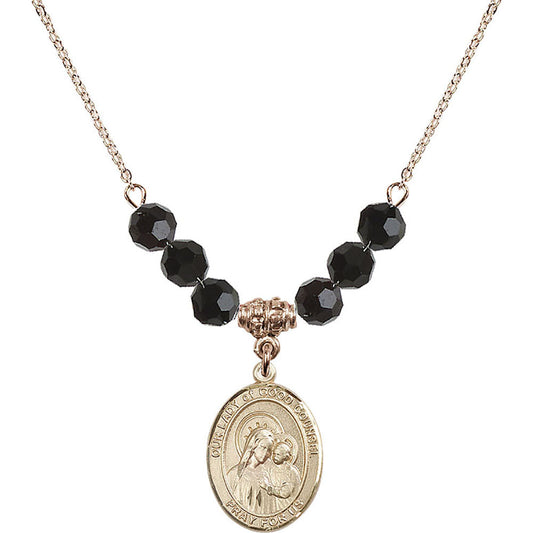 14kt Gold Filled Our Lady of Good Counsel Birthstone Necklace with Jet Beads - 8287