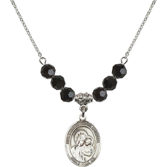 Sterling Silver Our Lady of Good Counsel Birthstone Necklace with Jet Beads - 8287