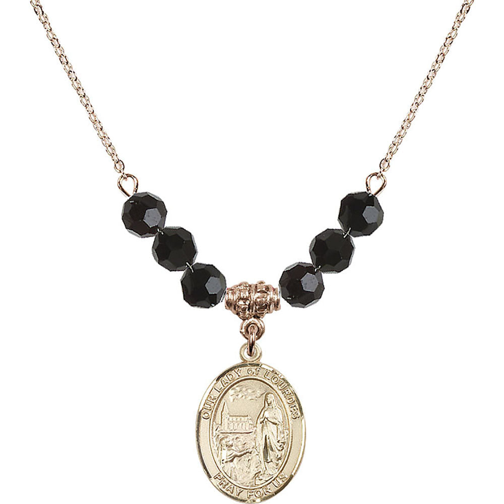14kt Gold Filled Our Lady of Lourdes Birthstone Necklace with Jet Beads - 8288
