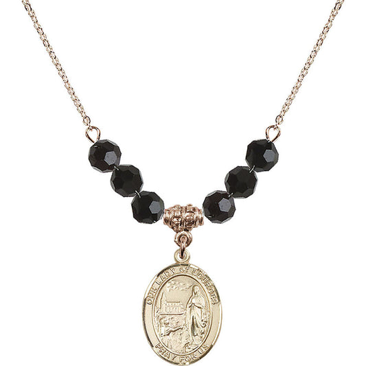 14kt Gold Filled Our Lady of Lourdes Birthstone Necklace with Jet Beads - 8288