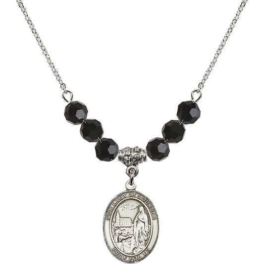 Sterling Silver Our Lady of Lourdes Birthstone Necklace with Jet Beads - 8288