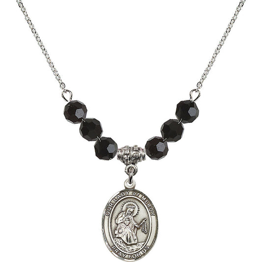 Sterling Silver Our Lady of Mercy Birthstone Necklace with Jet Beads - 8289