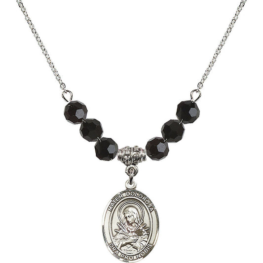 Sterling Silver Mater Dolorosa Birthstone Necklace with Jet Beads - 8290