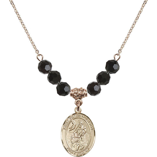 14kt Gold Filled Saint Peter Nolasco Birthstone Necklace with Jet Beads - 8291