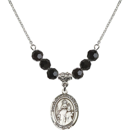 Sterling Silver Our Lady of Consolation Birthstone Necklace with Jet Beads - 8292