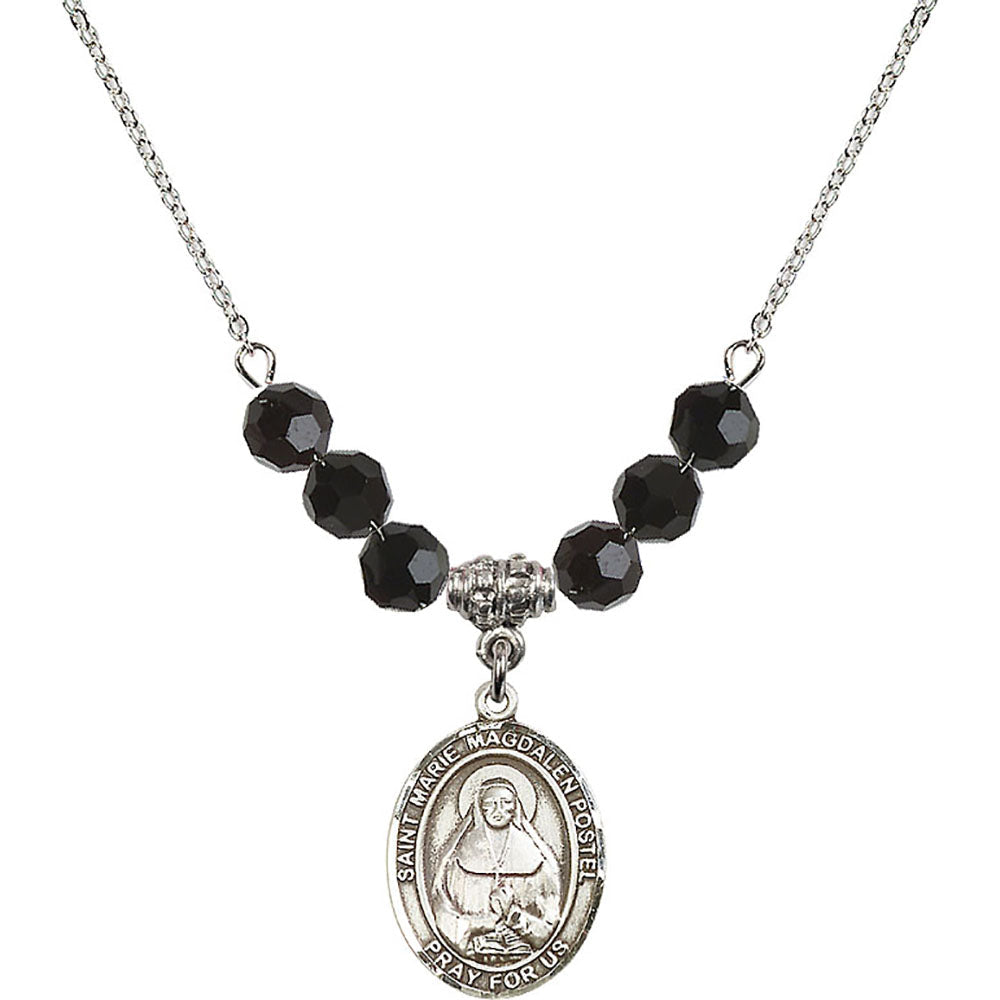 Sterling Silver Saint Marie Magdalen Postel Birthstone Necklace with Jet Beads - 8294