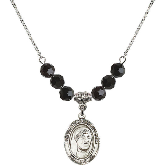 Sterling Silver Saint Teresa of Calcutta Birthstone Necklace with Jet Beads - 8295