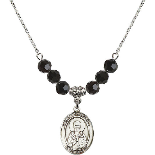 Sterling Silver Saint Athanasius Birthstone Necklace with Jet Beads - 8296