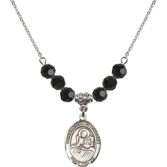 Sterling Silver Saint Lidwina of Schiedam Birthstone Necklace with Jet Beads - 8297