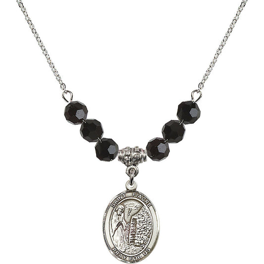 Sterling Silver Saint Fiacre Birthstone Necklace with Jet Beads - 8298