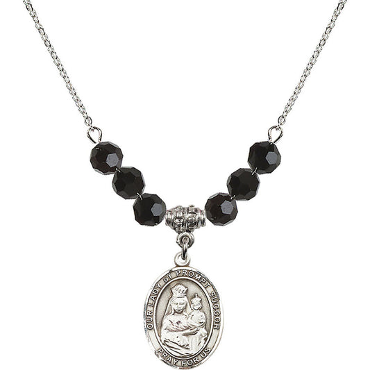 Sterling Silver Our Lady of Prompt Succor Birthstone Necklace with Jet Beads - 8299