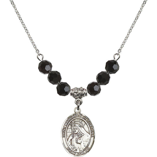 Sterling Silver Saint Margaret of Cortona Birthstone Necklace with Jet Beads - 8301
