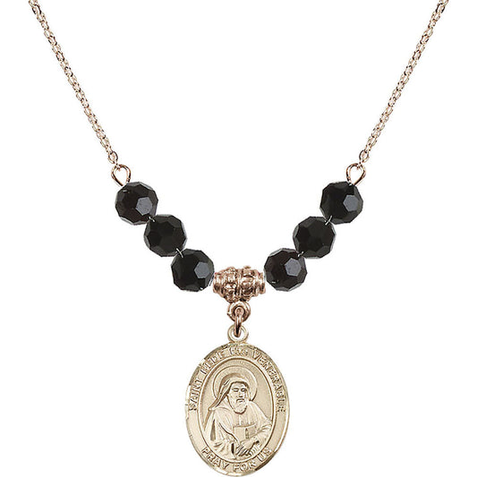 14kt Gold Filled Saint Bede the Venerable Birthstone Necklace with Jet Beads - 8302