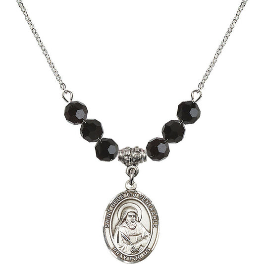 Sterling Silver Saint Bede the Venerable Birthstone Necklace with Jet Beads - 8302