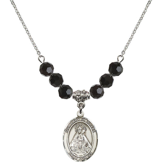 Sterling Silver Our Lady of Olives Birthstone Necklace with Jet Beads - 8303