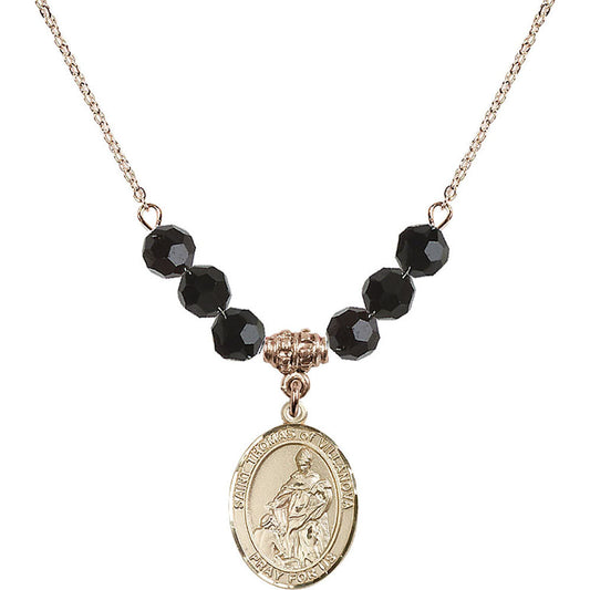 14kt Gold Filled Saint Thomas of Villanova Birthstone Necklace with Jet Beads - 8304