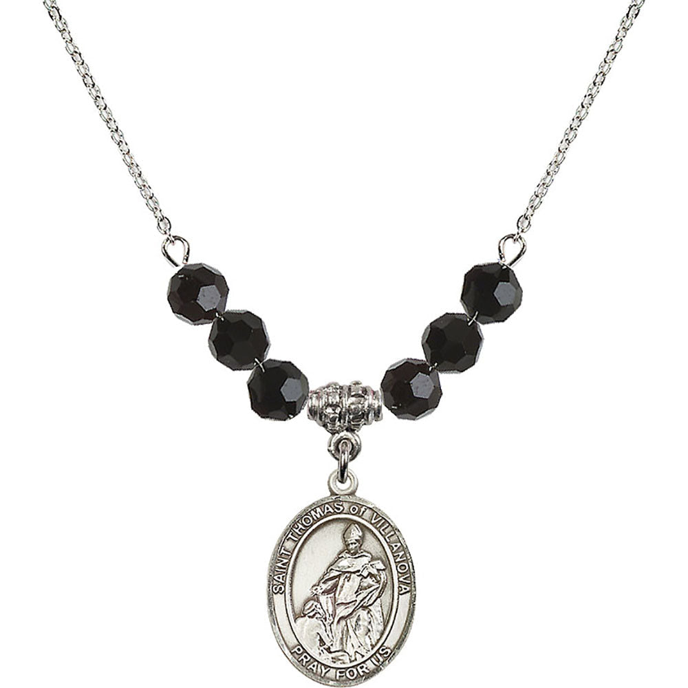 Sterling Silver Saint Thomas of Villanova Birthstone Necklace with Jet Beads - 8304