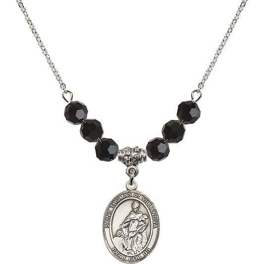 Sterling Silver Saint Thomas of Villanova Birthstone Necklace with Jet Beads - 8304