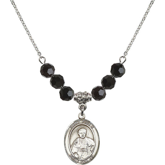 Sterling Silver Saint Pius X Birthstone Necklace with Jet Beads - 8305