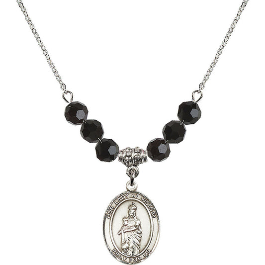 Sterling Silver Our Lady of Victory Birthstone Necklace with Jet Beads - 8306