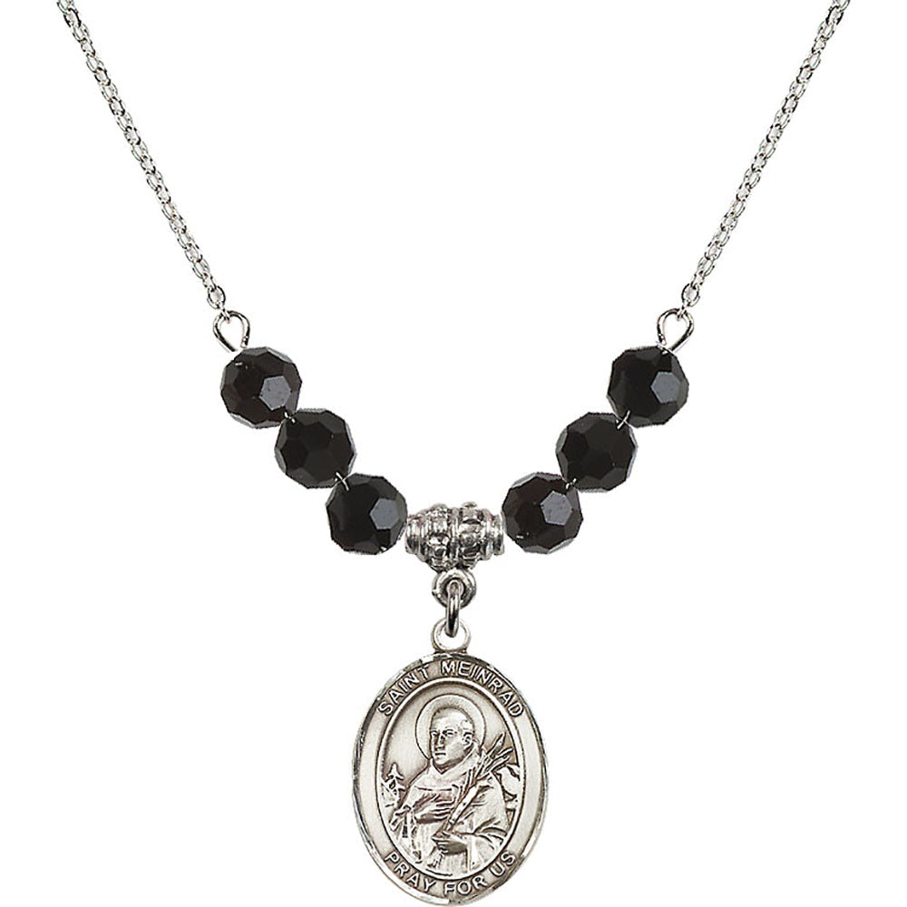 Sterling Silver Saint Meinrad of Einsiedeln Birthstone Necklace with Jet Beads - 8307