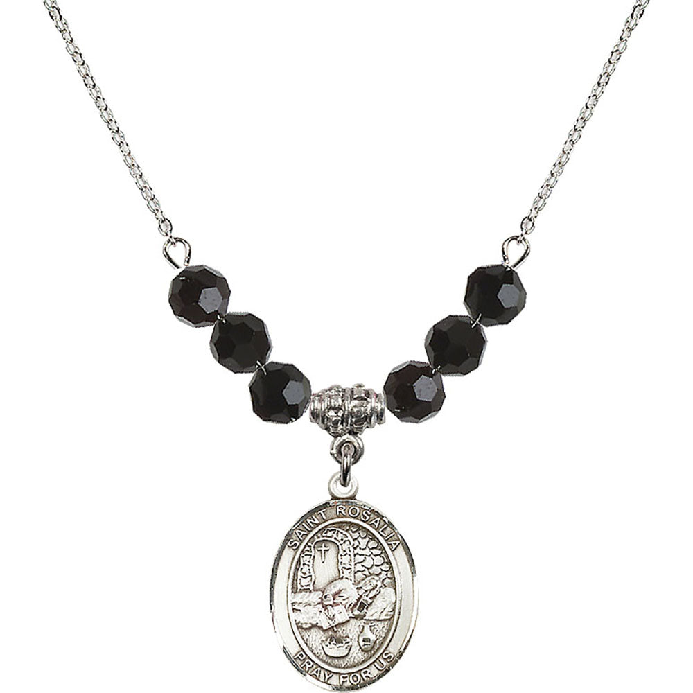 Sterling Silver Saint Rosalia Birthstone Necklace with Jet Beads - 8309