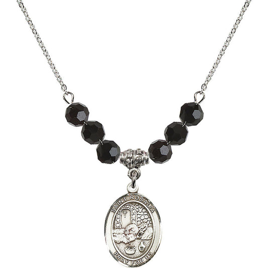 Sterling Silver Saint Rosalia Birthstone Necklace with Jet Beads - 8309