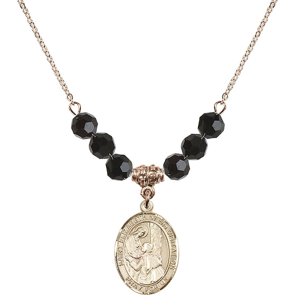 14kt Gold Filled Saint Elizabeth of the Visitation Birthstone Necklace with Jet Beads - 8311