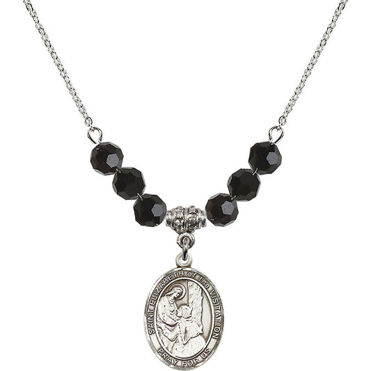Sterling Silver Saint Elizabeth of the Visitation Birthstone Necklace with Jet Beads - 8311