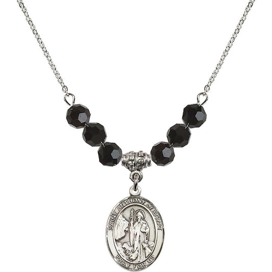 Sterling Silver Saint Anthony of Egypt Birthstone Necklace with Jet Beads - 8317