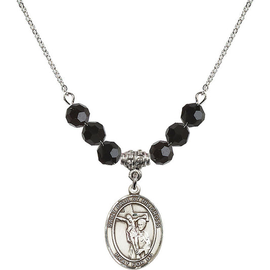 Sterling Silver Saint Paul of the Cross Birthstone Necklace with Jet Beads - 8318