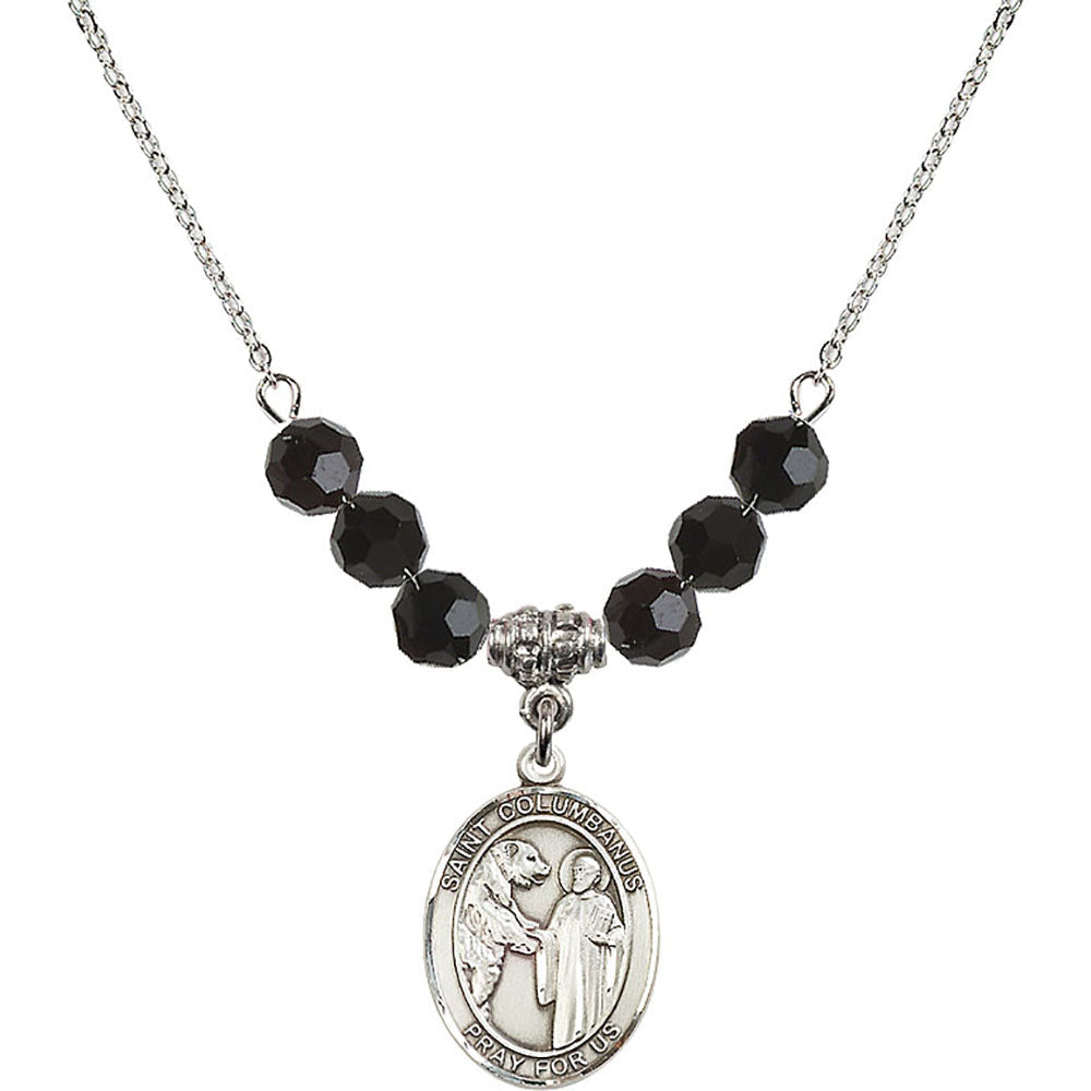 Sterling Silver Saint Columbanus Birthstone Necklace with Jet Beads - 8321