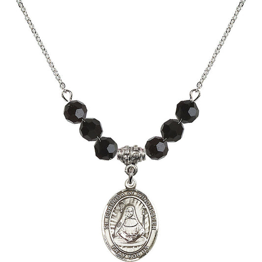 Sterling Silver Saint Edburga of Winchester Birthstone Necklace with Jet Beads - 8324