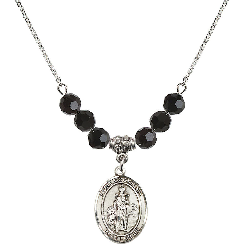 Sterling Silver Saint Cornelius Birthstone Necklace with Jet Beads - 8325