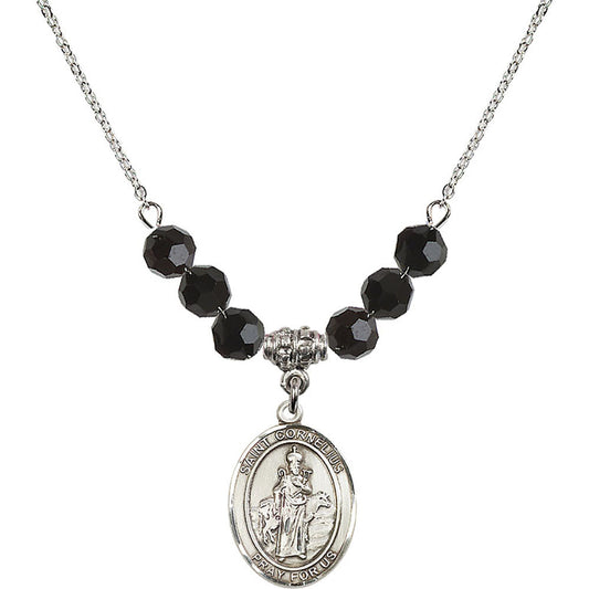 Sterling Silver Saint Cornelius Birthstone Necklace with Jet Beads - 8325