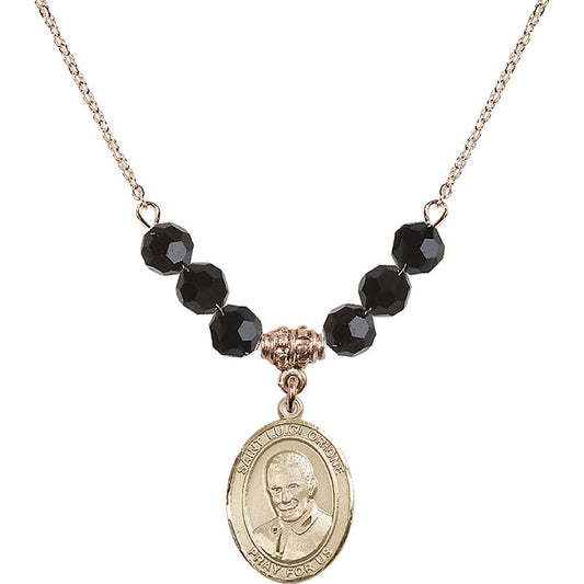 14kt Gold Filled Saint Luigi Orione Birthstone Necklace with Jet Beads - 8326
