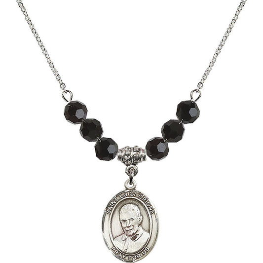 Sterling Silver Saint Luigi Orione Birthstone Necklace with Jet Beads - 8326
