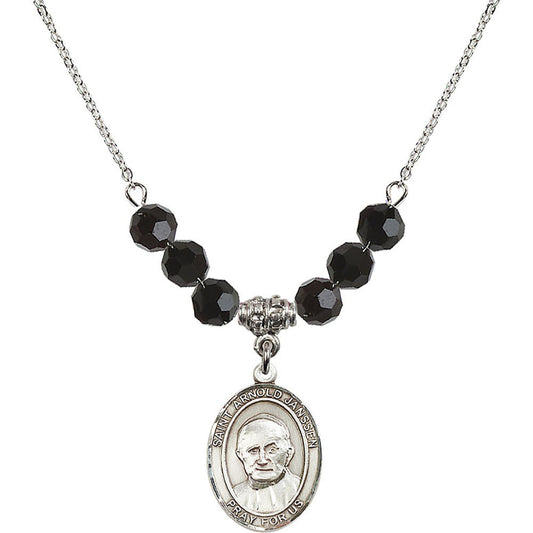 Sterling Silver Saint Arnold Janssen Birthstone Necklace with Jet Beads - 8328