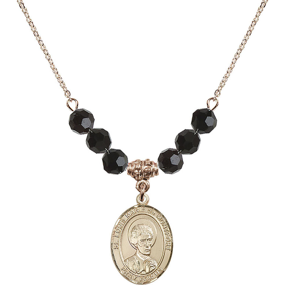 14kt Gold Filled Saint Louis Marie de Montfort Birthstone Necklace with Jet Beads - 8330