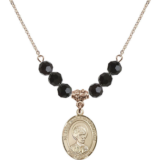 14kt Gold Filled Saint Louis Marie de Montfort Birthstone Necklace with Jet Beads - 8330