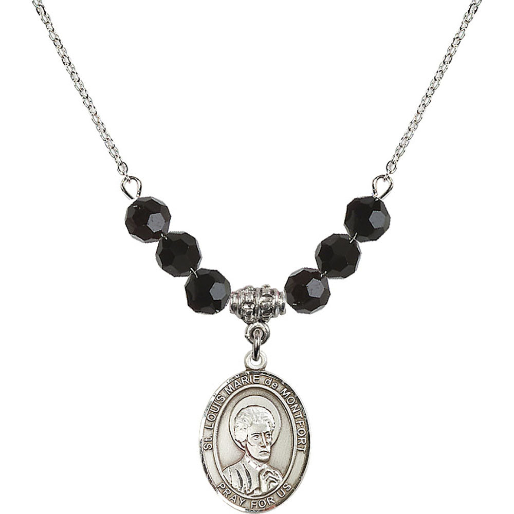 Sterling Silver Saint Louis Marie de Montfort Birthstone Necklace with Jet Beads - 8330